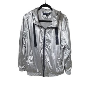 Tommy Hilfiger Womens Silver Hooded Windbreaker Jacket Size Small